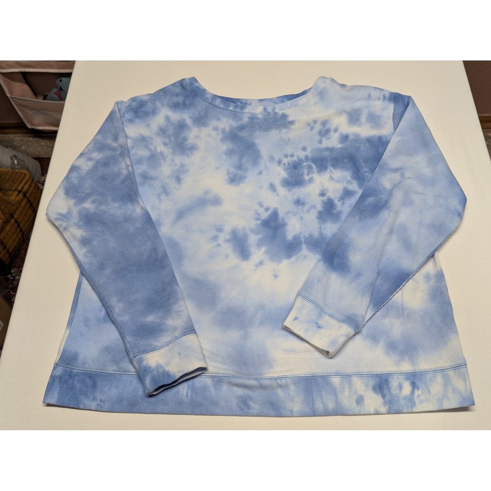 Splendid Womens Blue White Tie Dye Thermal Waffle Knit Sweatshirt Size M 1477529